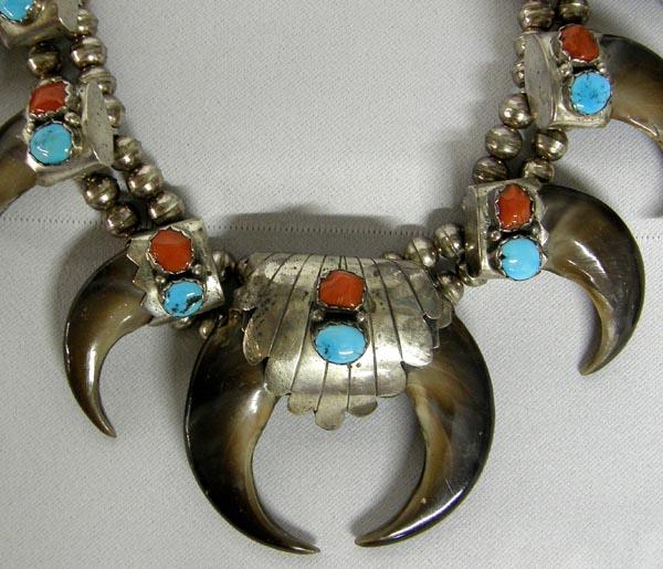 Navajo Bear Claw Squash Blossom Necklace