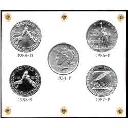 5 ea. SILVER COMMEMORATIVES +1924 PEACE DOLLAR + CAPITAL HOLDER