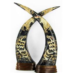 Rare Scrimshaw Water Buffalo Horn Pair (CLB-589)