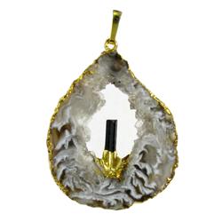 50ct Carved Druzy Agate Tourmaline Pendant Super Sparkler Gold Vermeil (JEW-1739)