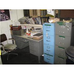 Desk, (2) Filing Cabinets, Contents