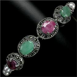 127.3ct Emerald-Ruby-Pearl Sterling Bracelet (JEW-2156)