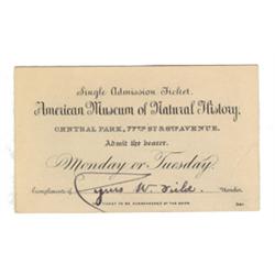 American Museum Of Natural History Admission Card Signed By Cyrus W. Field