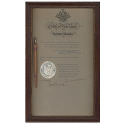 Pen Used To Sign Senate Bill 216 Into Law Framed With A Signed Statement From Ny Governor Dewey