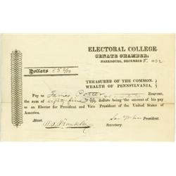 A Rare Pennsylvania Pay Document For Service In The Electoral College; In This Election, Andrew Jack