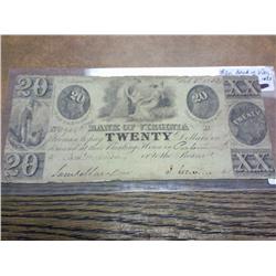 1853 $20 Bank Of Virginia Hand Signed Obsolete