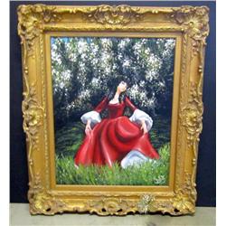 Framed Oil on Canvas of Dark Hair Maiden