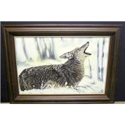 Framed Oil on Canvas of Coyote in the Snow