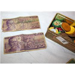 Small Box Of Foreign Money And Poker Chips