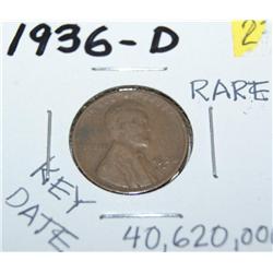 Rare, Key Date 1936-D Lincoln Wheat Penny