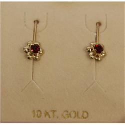 10K Gold Earrings Flower Design w/ Red CZ Stone