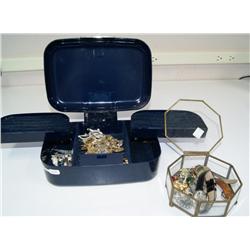 1 Blue Box of Costume Jewelry & Small Glass Box