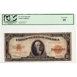 PCGS 1922 $10 Gold Certificate FR1173 Graded VG10