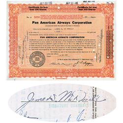 Pan American Airways  Stock Issued To And Signed By James McDonnell