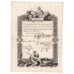 A Superb 18th Century Spanish Banking Stock Certificate Issued By The Banco Nacionales De San Carlos