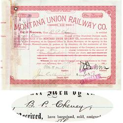 Montana Union  Railway Issued To And Signed By B.P. Cheney