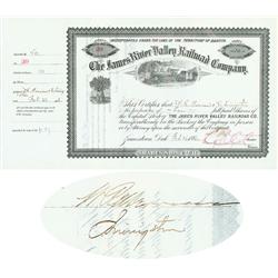 The James River Valley RR Co. Issued To And Signed By Wm. Merriam & Crawford Livingston