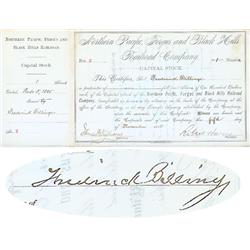 Northern Pacific, Fergus And Black Hills Railroad Stock Issued To And Signed On Verso By Frederick B