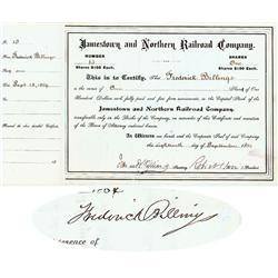 Jamestown And Northern RR Co. Issued To And Signed By Frederick Billings