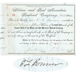 Helena And Red Mountain RR Company Issued To And Signed By E. L. Bonner And Signed By S. T. Hauser A