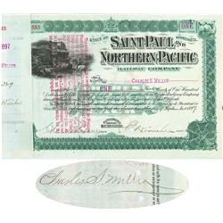 Saint Paul And Northern Pacific RW Co. Issued To And Signed By Charles S. Mellen Signed By Edwin W. 