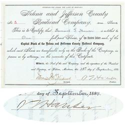 Helena And Jeffferson County Railroad Company Issued To And Signed Twice By Samuel T. Hauser