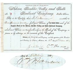 Helena, Boulder Valley And Butte RR Co. Issued To And Signed Twice By S. T. Hauser