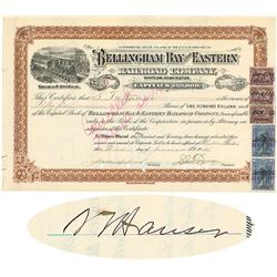 Bellingham Bay And Eastern Railroad Company Issued To And Signed On Verso By Samuel T. Hauser