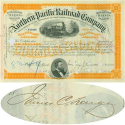 Northern Pacific Railroad Stock Issued To And Signed On Verso By James C. Fargo