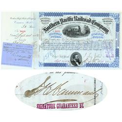 Northern Pacific Railroad Stock Issued To E. H. Harriman & Co. And Signed For The Company On  Verso 