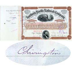 Northern Pacific Railroad Stock Issued To And Signed By Crawford Livingston, Express Pioneer And Ear
