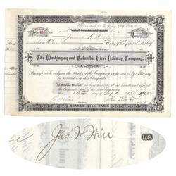 Washington & Columbia River Railway Co. Stock Issued To And Signed On Verso By James N. Hill