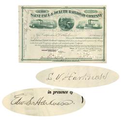 St. Paul & Duluth RR Co. Stock Issued To And Signed On Verso By Lamon V. Harkness And Witnessed By H