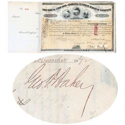 Columbus, Chicago & Indiana Central Railway Co. Issued To And Signed On Verso By George F. Baker