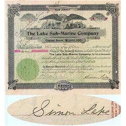 The Lake Submarine Company-Issued To And Signed As President And Verso By Simon Lake