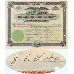 The Lake Submarine Company-Issued To And Signed By J.C. Lake, Signed By Simon Lake As President