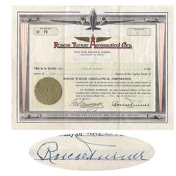 A Superb Graphic And Rare Stock Issued To And Signed Twice By Aviation Legend Roscoe Turner!