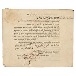 Stock Certificate In The Sixth Massachusetts Turnpike Signed By Jonathan Warner, An Officer In The L