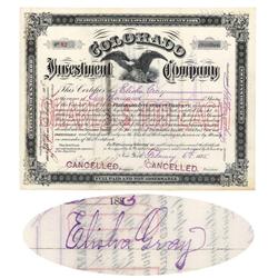 Elisha Gray Signed Colorado Investment Company Certificate