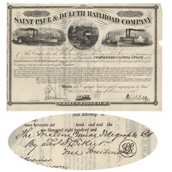 Saint Paul & Duluth Railroad Company Stock Certificate Signed By Thomas Eckert, Close Friend And Con