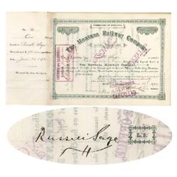 Montana Railway Company Issued To And Signed By Russell Sage Unique On This Road.