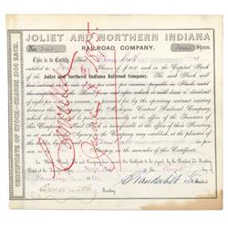 Joliet & Northern Indiana Rr Co. Stock Signed By Cornelius Vanderbilt As Vice President.