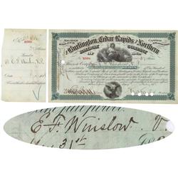 Burlington, Cedar Rapids & Northern Railway Co. Stock Issued To And Signed On Verso By Union Bvt. Br