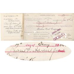 Bozeman Coal Co. Stock Issued To And Signed Twice By Charles F. Adams, Jr., As President Of The Comp