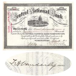 Central National Bank Issued To And Signed On Verso By Frank Vanderlip