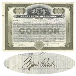 Pabst Brewing Company Issued To And Signed On Verso By Fred Pabst, Jr