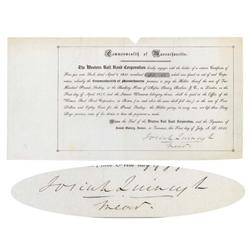 Western Rail Road Corp. Signed As Treasurer By Johsiah Quincy, Jr.