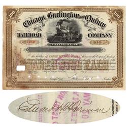 Chicago, Burlington & Quincy Railroad Co. Issued To Edward H. Harriman And Signed By Him On Verso