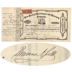 New Jersey Warehouse & Guaranty Co. Issued To And Signed On Verso By Thomas A. Scott