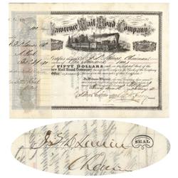Lawrence Rail Road Company Issued To J.F.D. Lanier And Signed By Him On Verso